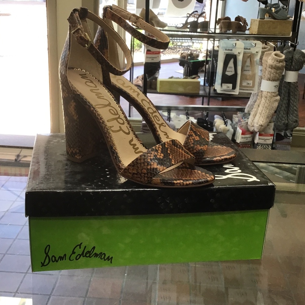 Sam Edelman Brown Snake-Print Ankle-Strap Block Heels